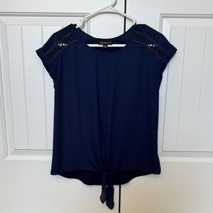 Navy Cap-Sleeve Tie-Front Blouse with crochet detail